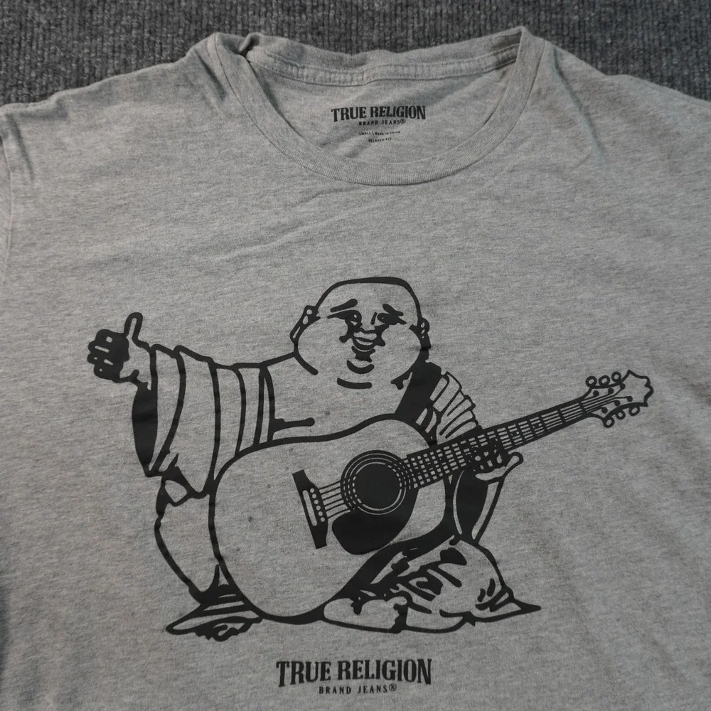 True Religion Graphic T-Shirt Mens Small Gray Buddha Guitar Relaxed Fit Tee